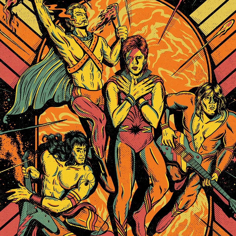 Cartoon-style illustrations of Ziggy Stardust and the Spiders from Mars. The vibrant artwork features David Bowie’s iconic alter ego with bold colors, striking costumes, and the band members in a dynamic, stylized design