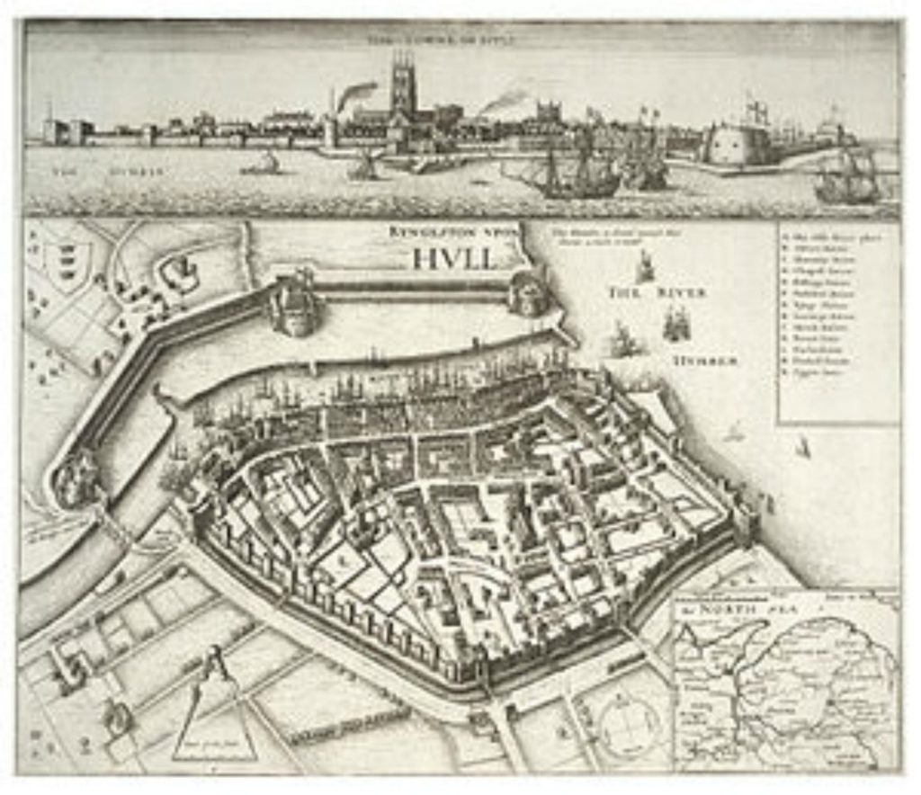 A historic map of Hull, showcasing the city's old streets, docks, and landmarks. The detailed illustration provides insight into Hull’s past layout and development over time
