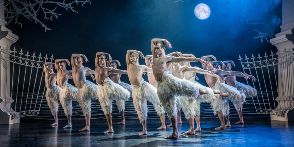 Dancers from Swan Lake performing at Hull New Theatre. The performers, dressed in elegant tutus, gracefully pose on stage under dramatic lighting, capturing the beauty and emotion of the classic ballet.