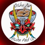 Business Logo - Graphic image Blue and white traditional Japanese bowl containing Gyoza. Red yellow and blue devil face with fangs and horns on the foreground