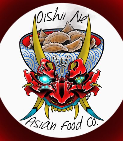 Business Logo - Graphic image Blue and white traditional Japanese bowl containing Gyoza. Red yellow and blue devil face with fangs and horns on the foreground
