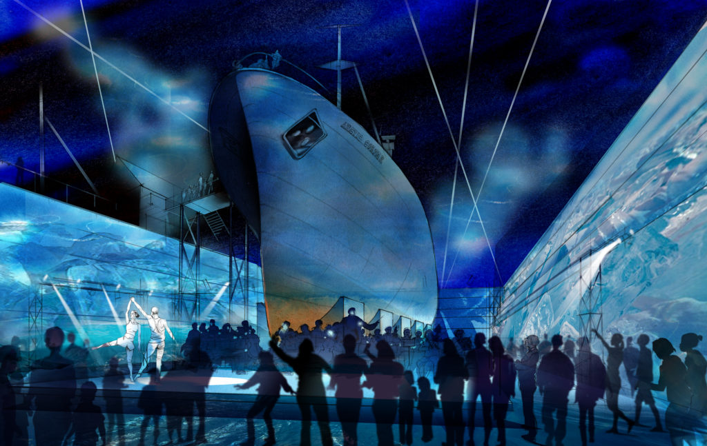 artist impression Arctic Corsair 1970 Trawler in dry dock. Silhouetted people in foreground, Rough sea images on the walls of the dry dock. lasers in the dark sky.