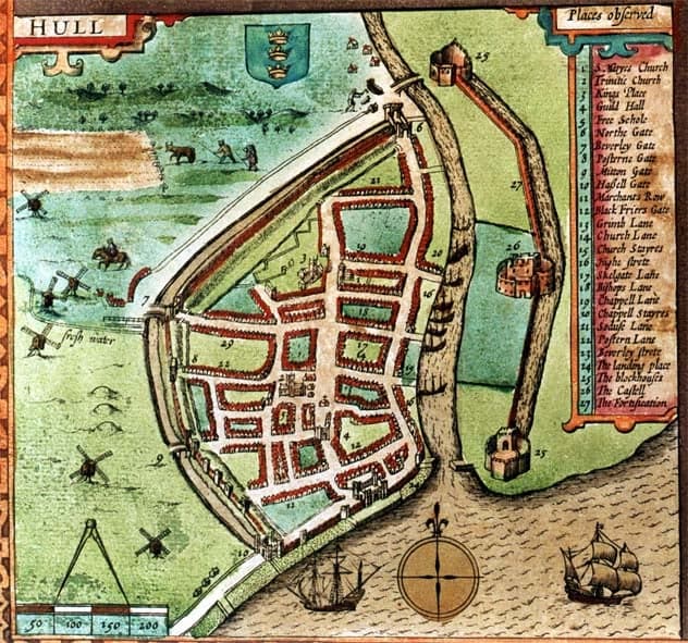 Basic Historic hand drawn map of Hull, showing city walls, gatehouse, street layout, farmland and ship silhouette in the river.