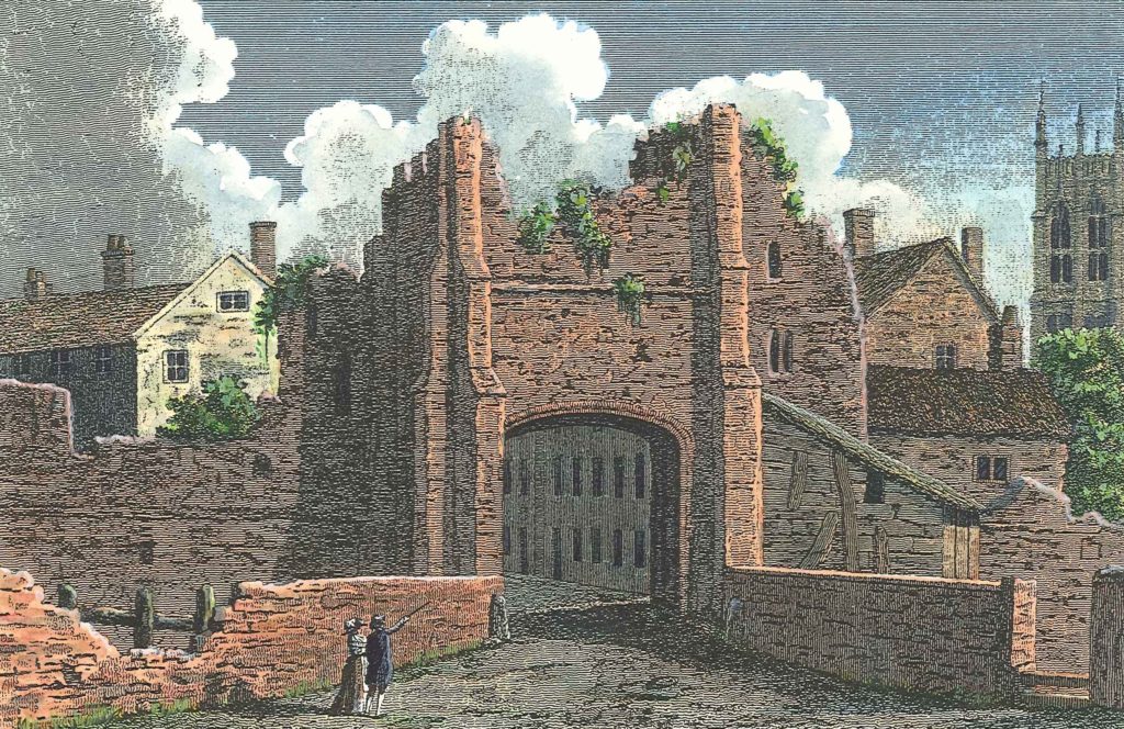 Color drawing. Red brick gatehouse topped with battlements. The gatehouse appears errored with foliage protruding. 2 small figures in the foreground