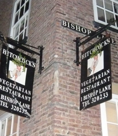 Exterior of Hitchcock’s Restaurant, a quirky and characterful building in Hull. The entrance features vintage-style signage, reflecting the restaurant’s unique atmosphere and renowned vegetarian cuisine.