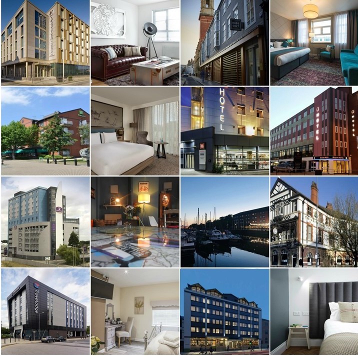 Collage of hotel images interior bedrooms and exterior building shots