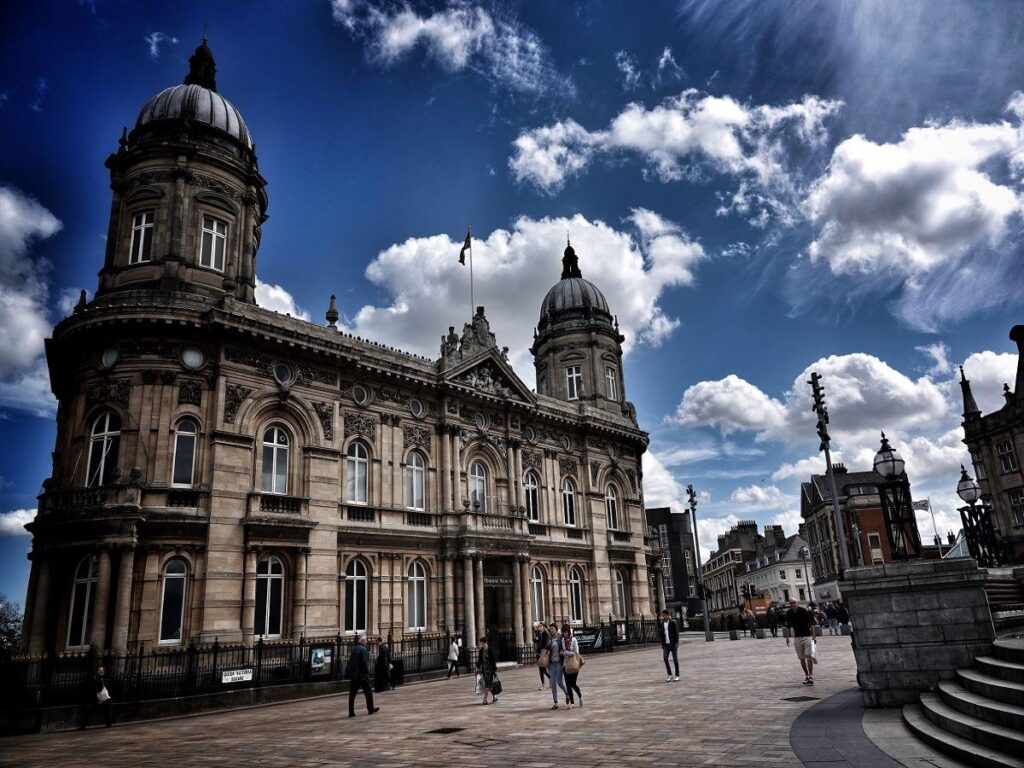 Hull's Maritime Museum, captured from Queen Victoria Square. The grand historic building, with its domed towers and intricate stonework, stands as a prominent landmark, reflecting Hull’s rich seafaring heritage