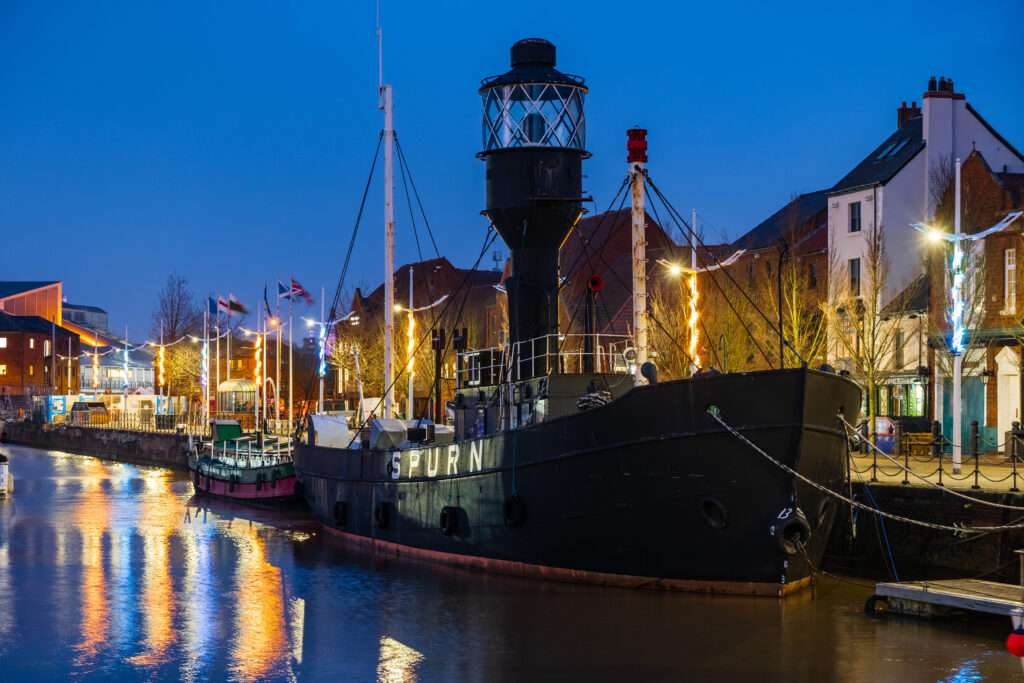 The Spurn Lightship, a historic black and red vessel moored at Hull Marina. Once used to guide ships through the Humber estuary, the preserved lightship now serves as a museum, showcasing Hull’s maritime history.