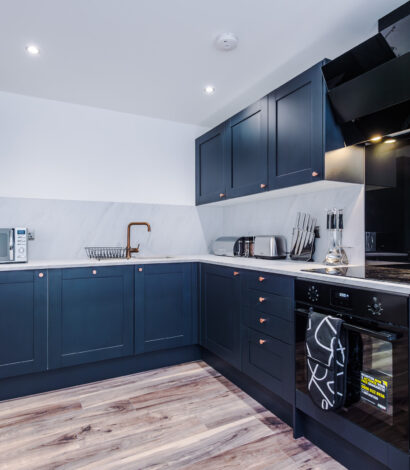 Modern bright Navy and White Kitchen area